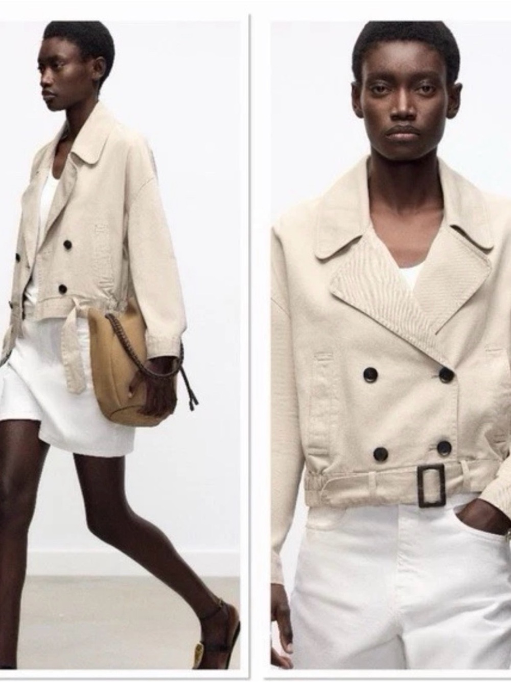 Zara Double-Breasted Cropped Trench Jacket in Cream Xl